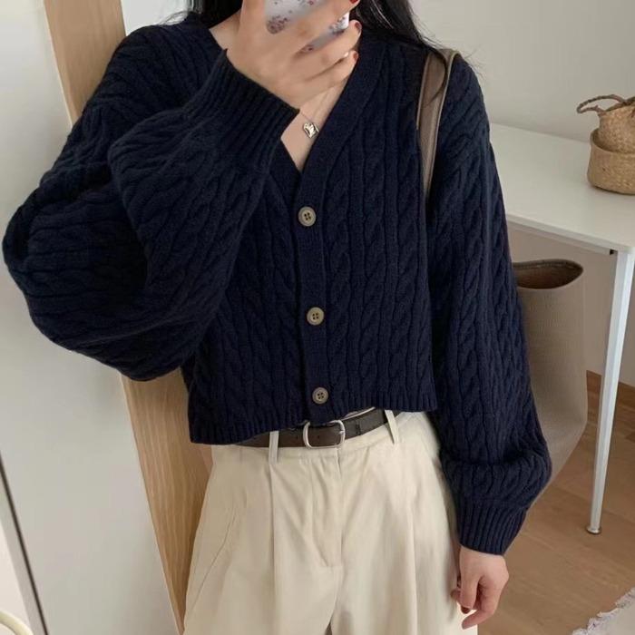 

корейский однотонный свитер женский вязаный осенне-зимний короткий кардиган куртка свободный с V-образным вырезом модные мягкие свитера женские One Size