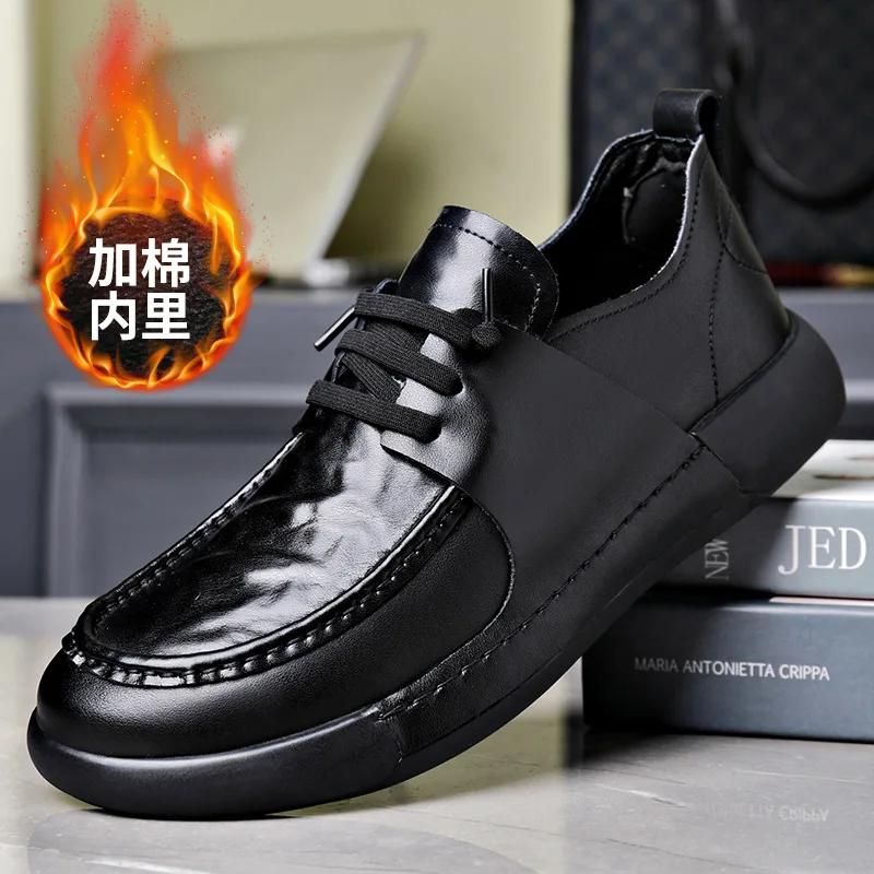 New Designer Men Genuine Leather Casual Shoes Flat Business Leisure Shoes Winter Plush Warm Boots