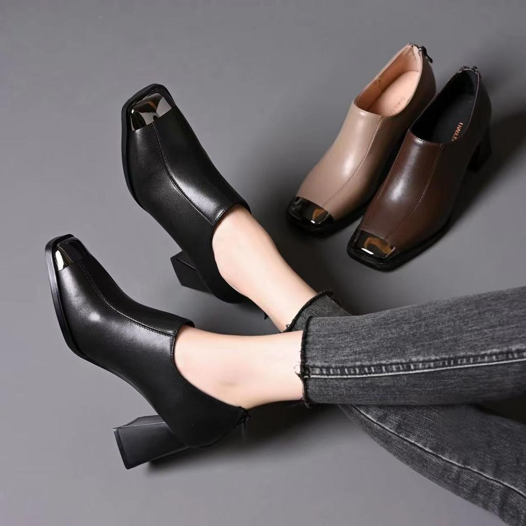 Spring French Retro Square Head Deep Mouth Women Thick Heel Soft Leather Casual Fashion High Heels Women