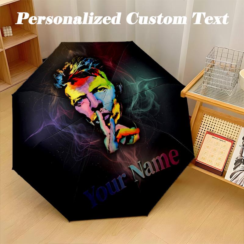 David Bowie Automatic 8‑ribs Umbrella, Custom Name Text Personalized Folding Umbrella Rain Sun Gift