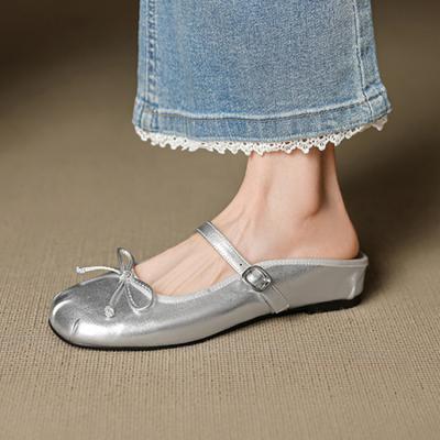 French Retro Inner Heightening Bag Head Half Slippers Bow Square Head Shoes Summer Outer Wear Medium Heel Silver Women's Pedal