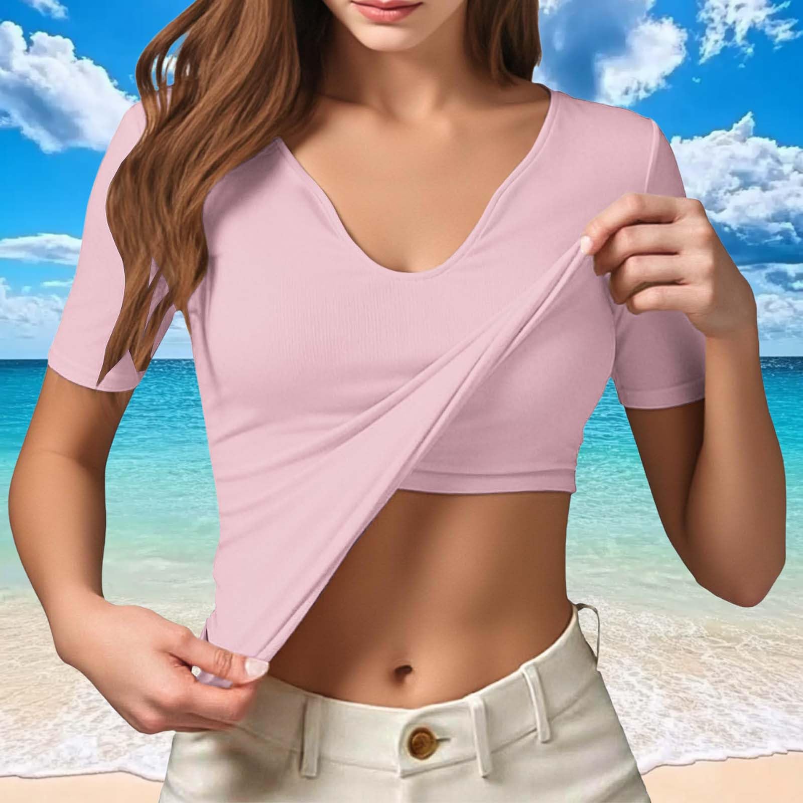 

Women s V-Neck Short-Sleeve Fitted Sports Tank Top With Built-in Pads L розовый