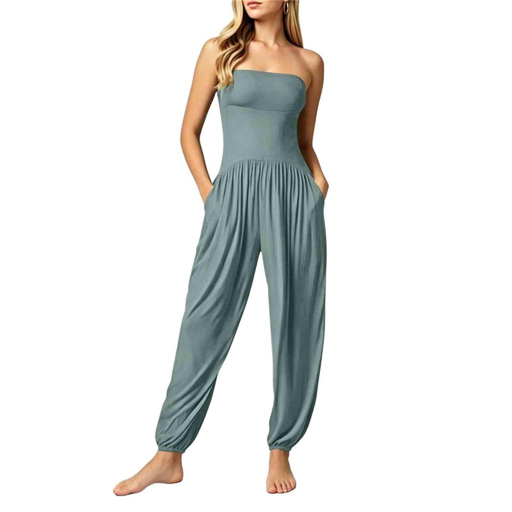 Damen Ärmellos Trägerlos Jumpsuit Elastische Taille Tasche Lässig Lockerer Schnitt Strampler Vollbeinige Hose