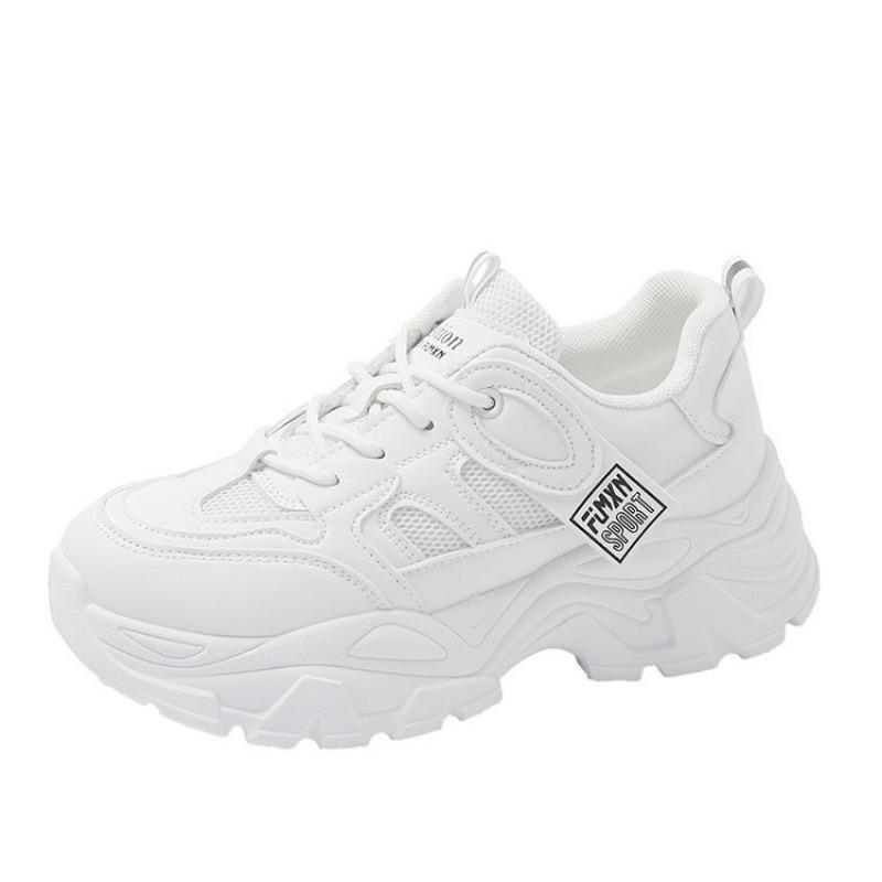 2024 Spring Lace-Up Thick Bottom Vulcanize Shoes White Platform Women's Sneakers Woman Pu Leather Wesh Breathable Sports Shoes