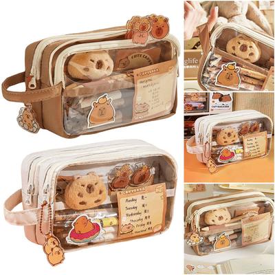 Capybara Kawaii Pencil Case with Compartments Pencil Pouch with Sticker Pendant Stationary Bag for Office School