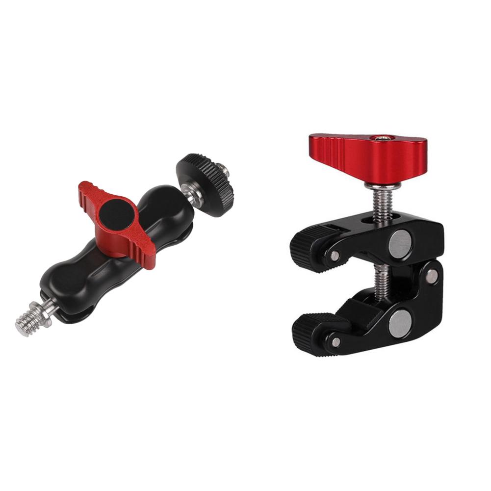 Super Clamp Metal Camera Clamp Double Ball Head Mount 360° Ballhead Magic Arm Adapter w/ 1/4"-3/8" for DSLR Camera/Monitor Light