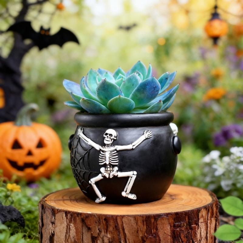 Spiderwebs Cauldron Plant Pot, Halloween Resins Skull Planter for Mini Succulents, Small Decorative Container for Desk Shelf and Windowsill Styling