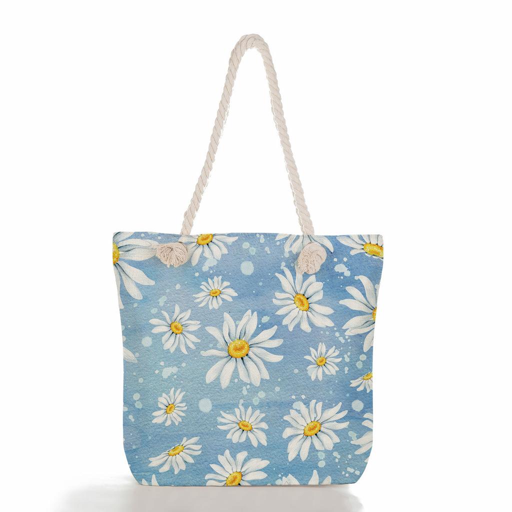 Multifunctional Flower Printed Thick Rope Shoulder Beach Bag 7585