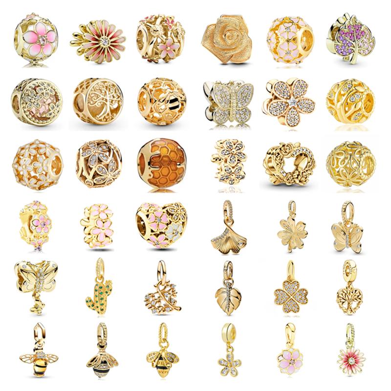 Gold plated Daisy Flower, Butterfly, Bee Dangle Charm Bead fit European Original Bracelet Women DIY Jewelry Accessories