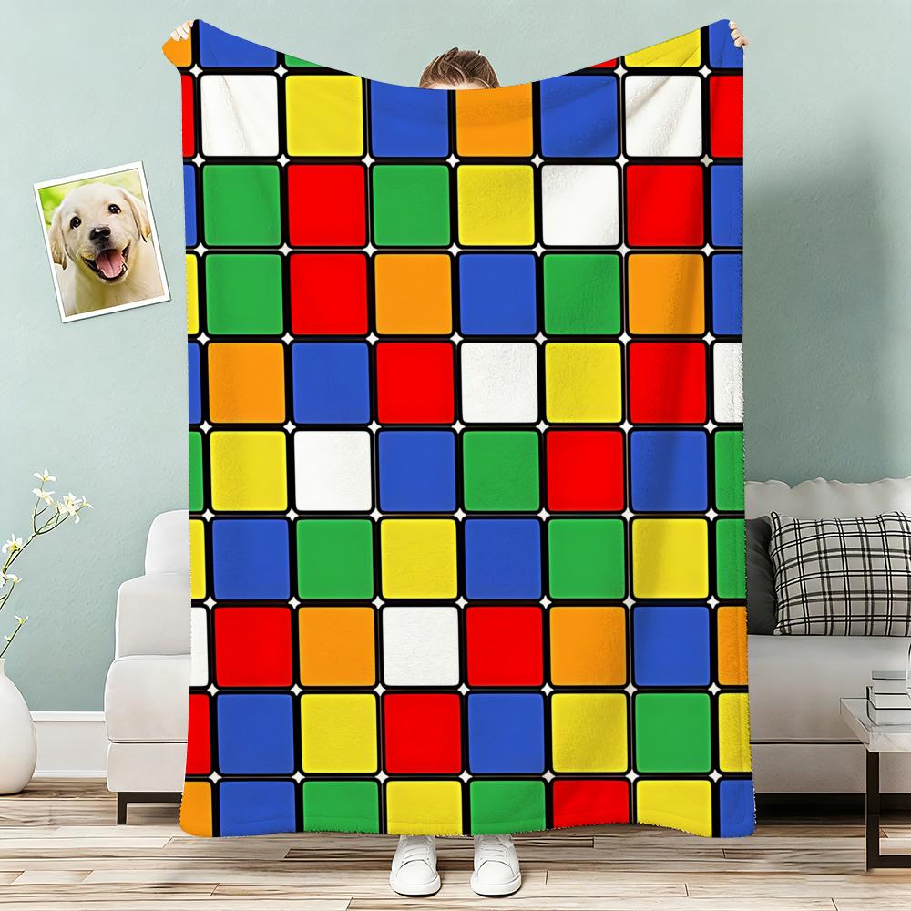 Cute Cartoon Style Rubiks Cube Throw Lightweight G Flannel Blanket Soft Skinfriendly for Summer Cooling