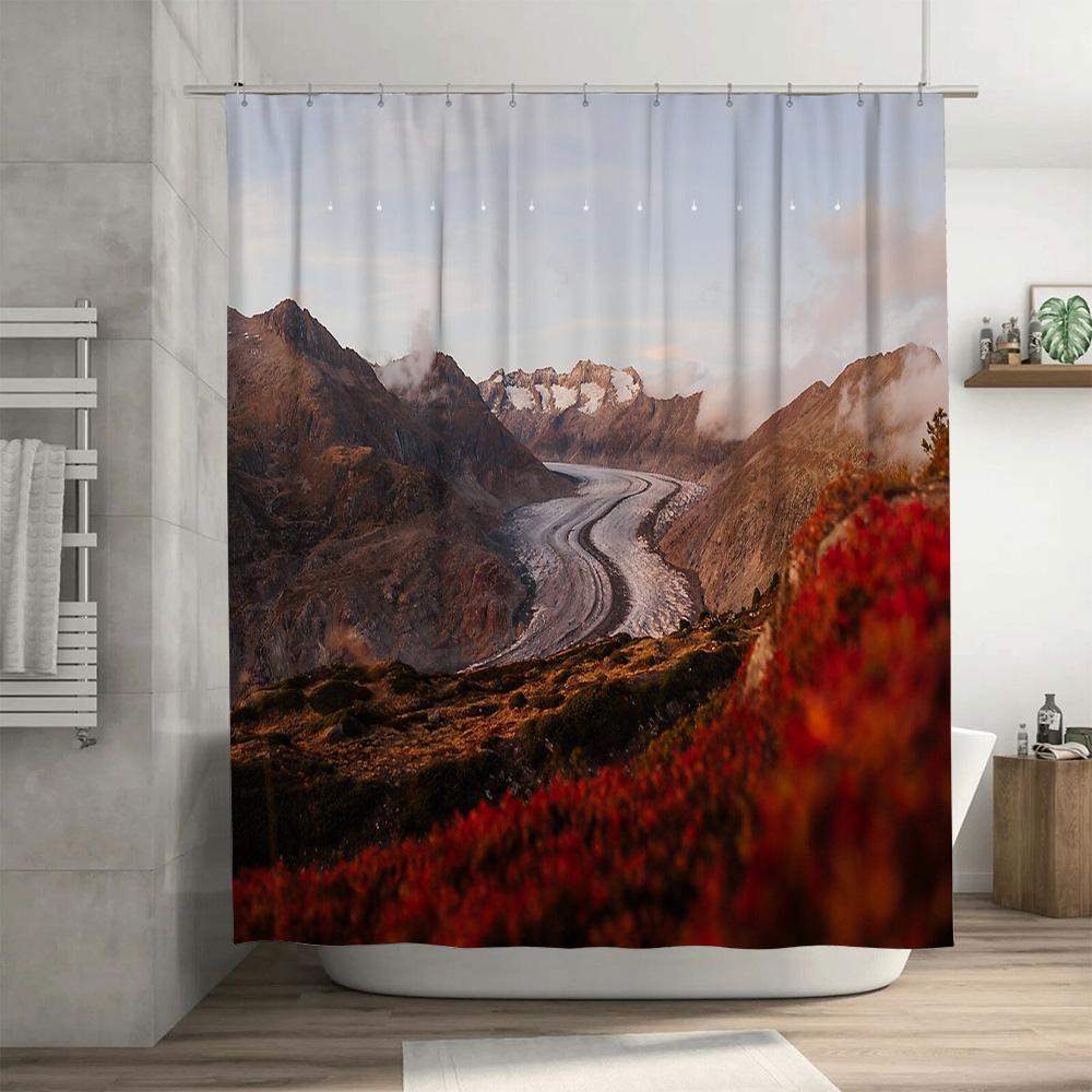 Mountain Landscape Shower Curtain Nature Forest Waterfall Scenic Backdrop Bathroom Decor Rustic Home Decor Vintage Artistic Wall