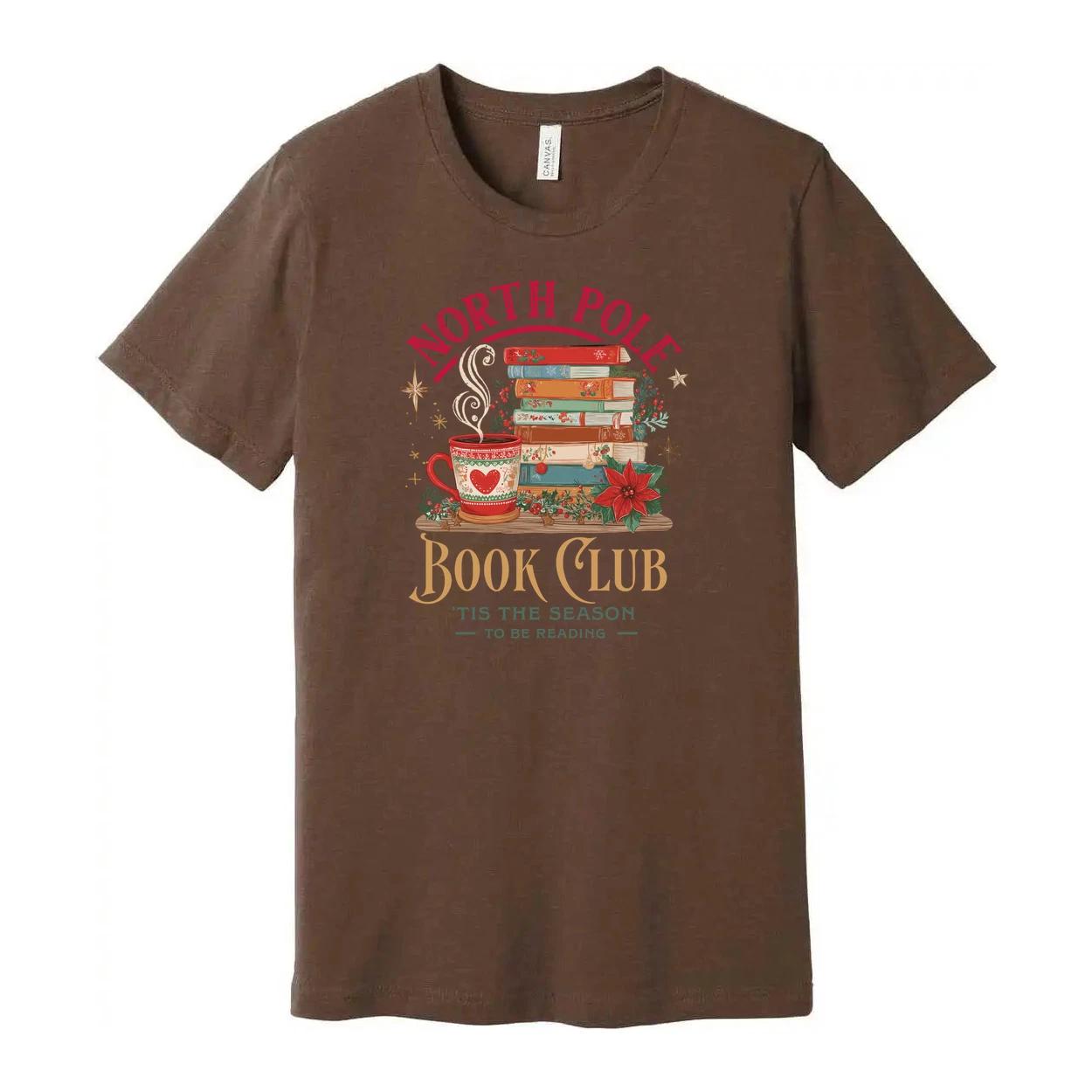 

North Pole Book Club T Shirt Christmas Design With Stacked Books And Cozy Mug Fo L