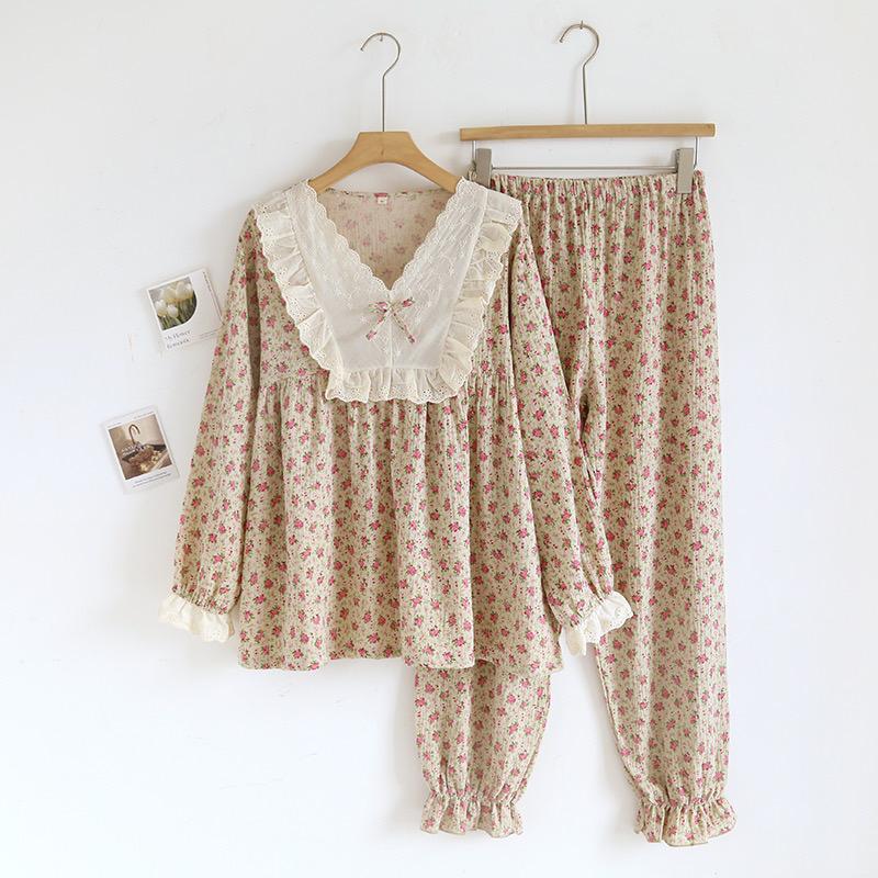 Autumn and Winter Women Pajamas Long-Sleeved Trousers 2-Piece Set 100% Cotton Flower Print Homewear Ladies Pajamas