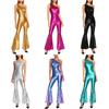 Womens Vintage 70s 80s Disco Dance Jumpsuit Sequin Tassel One Shoulder Sleeveless Bell Bottom Long Pants Metallic Shiny Rompers for Club Stage