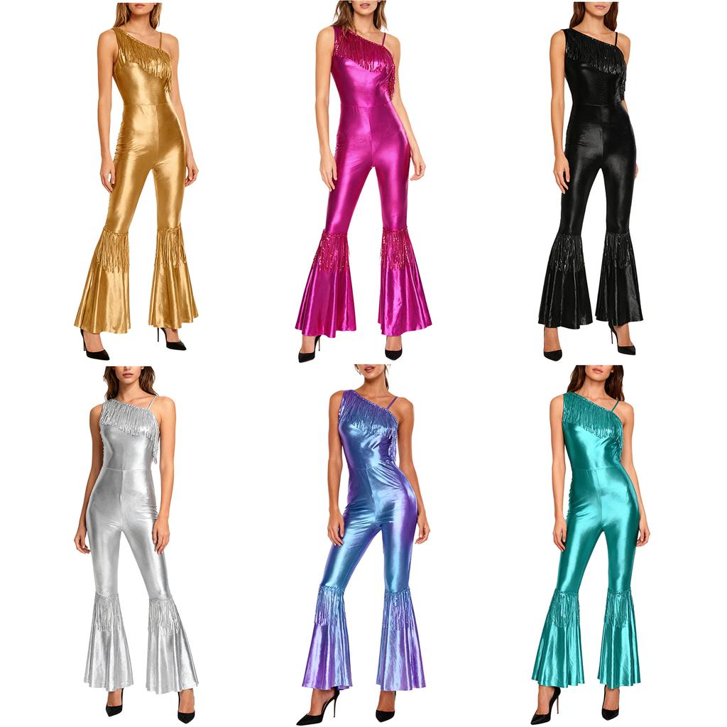 Damen Vintage 70er 80er Disco Tanz Jumpsuit Pailletten Quasten Ein Schulter Ärmellos Schlaghose Lange Hosen Metallisch Glänzend Rompers für Club Bühne