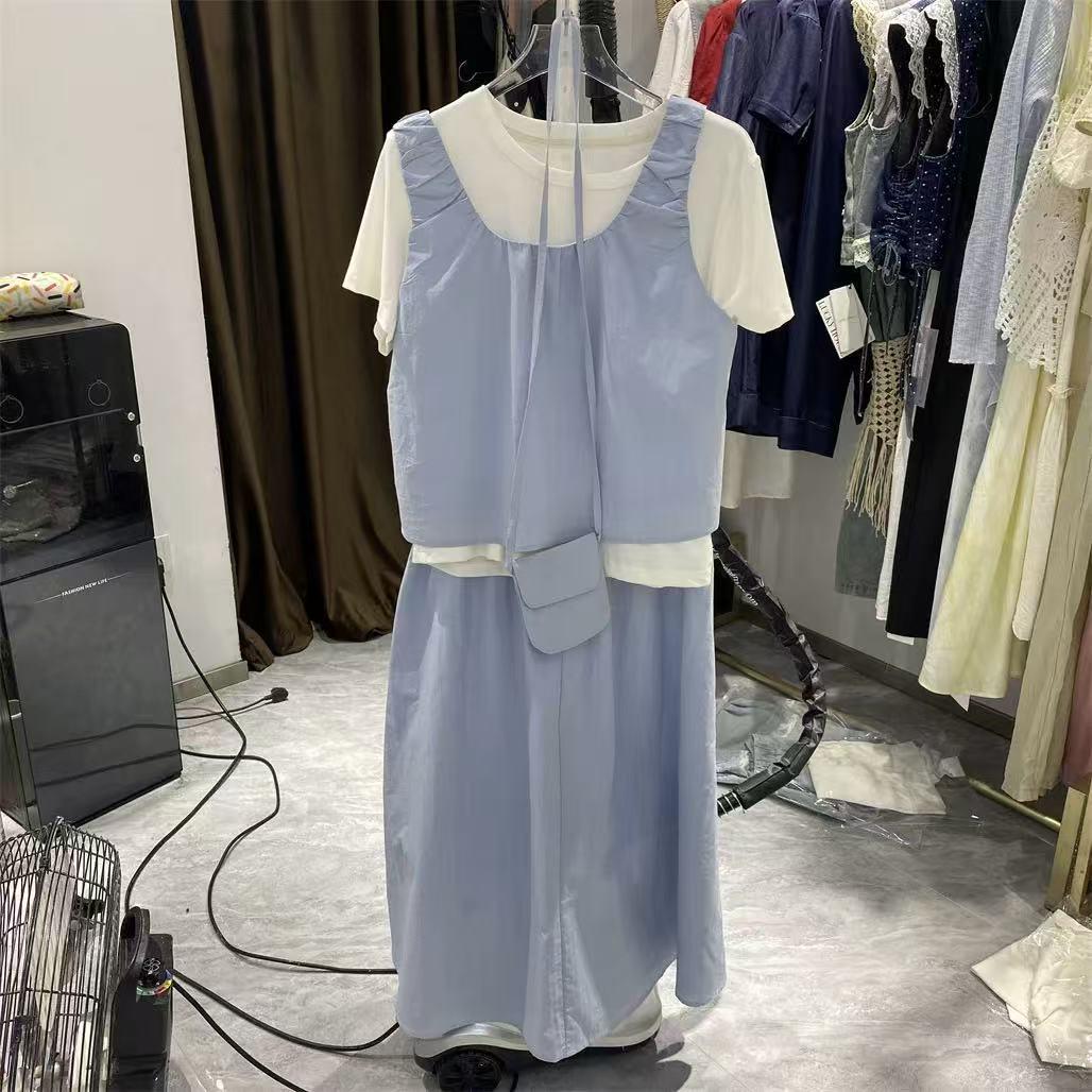 

2025 Summer Women s Fashion Set: Crossbody Bag, Round Neck Shirt, Midi Skirt, and Slimming Petite Dress Large светло-синий