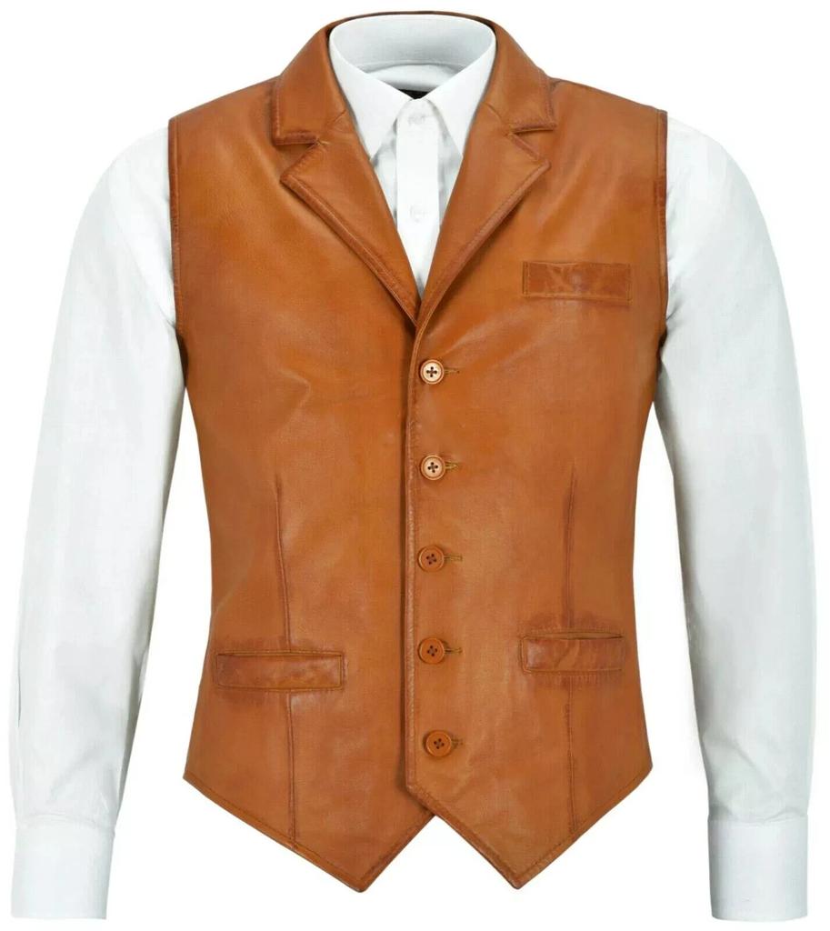 Tan Genuine Men's Real Leather Wedding Vest Coat Jacket Lambskin Motorcycle Handmade