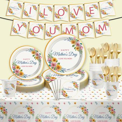 Mother'S Day Flower Theme Party Set Disposable Paper Plate Paper Cup Paper Towel Tableware Tablecloth Party Decoration