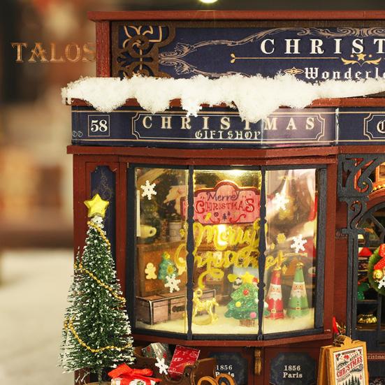 DIY Weihnachts-Miniaturhaus-Bausatz, LED-Minihaus, Bastelspielzeug mit Möbeln, Bücherecke, Gaming-Gebäudemodell für den Geburtstag, Weihnachtsnacht