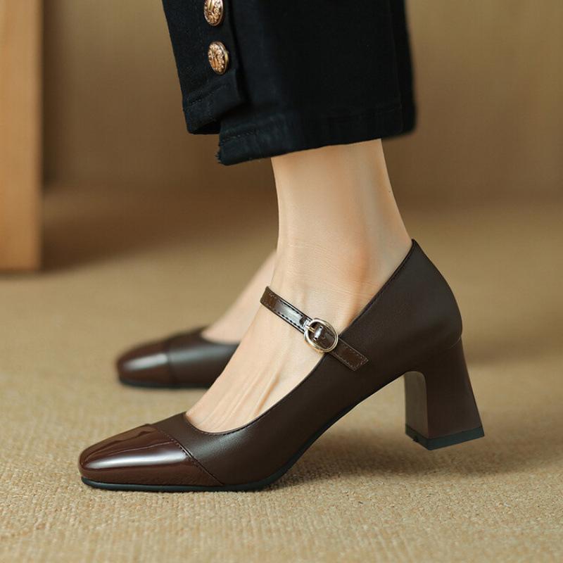 New Women's Low-top Shoes Casual Women's Single Shoes Soft Sole Square Heel High Heels Square Head Lazy Shoes Buckle Rubber Sole