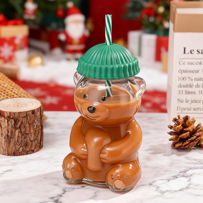 Creative Teddy Bear Glass Straw Cup: Cute, Cartoon, 600ml, High-Value, Perfect for Coffee