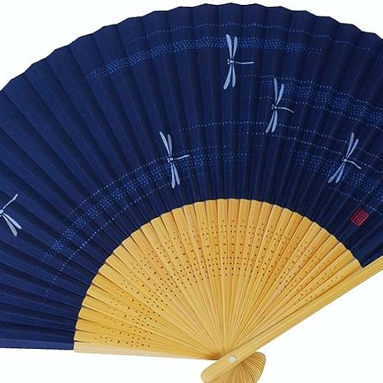 [Oshare Kimono Iroha] Men's Folding Fan, White Bamboo Carved Ribs, Scented, Navy Blue Dragonfly Patt