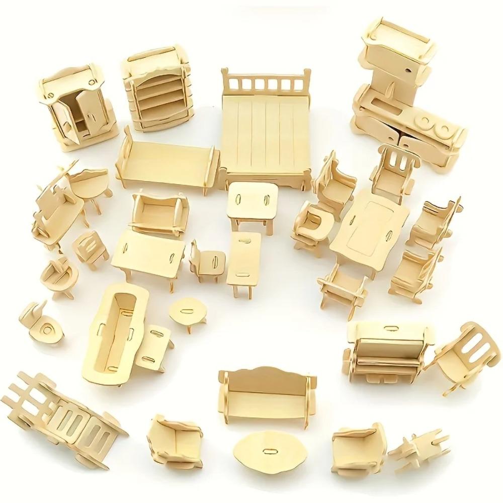 Meble Mały Domek dla Lalek 34 Szt. Drewniany Zestaw Mebli Puzzle 3D Zestaw Miniaturowego Domku dla Lalek Puzzle Prezent Dla Dzieci Nastolatków i Dorosłych