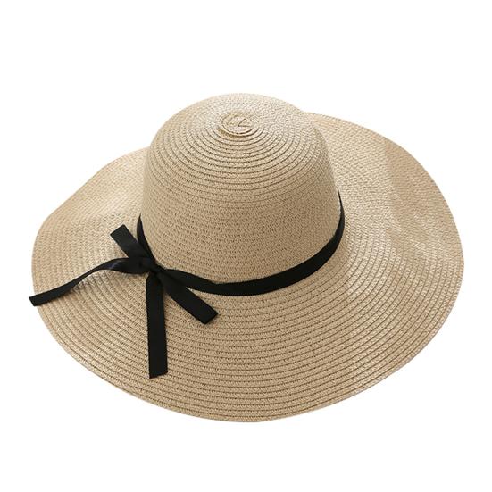 Women Summer Travel Beach UV Protection Bowknot Wide Brim Straw Hat Sun Cap бежевый