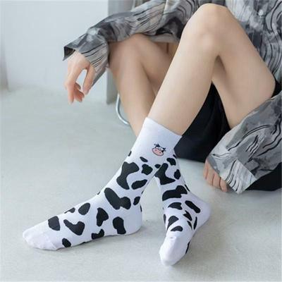 Women's Cow Print Mid-Calf Socks - Cute Black & White Polka Dot Knee-Highs for Spring & Autumn, Japanese-Inspired Trend.