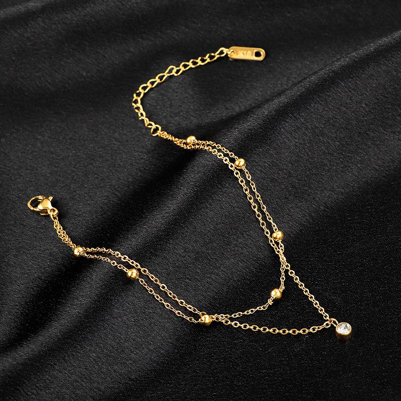 Kuziduocai 100% Stainless Steel New Fashion Jewelry 18K Gold-plated Minimalism 2-Layer Beading Zircon Charm Women Anklet Chain