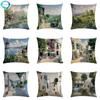 Flower Town Cotton Linen Cushion Cover Oil Painting Countryside Scenery Decorative Pillow Case For Sofa Couch Living Room Decor