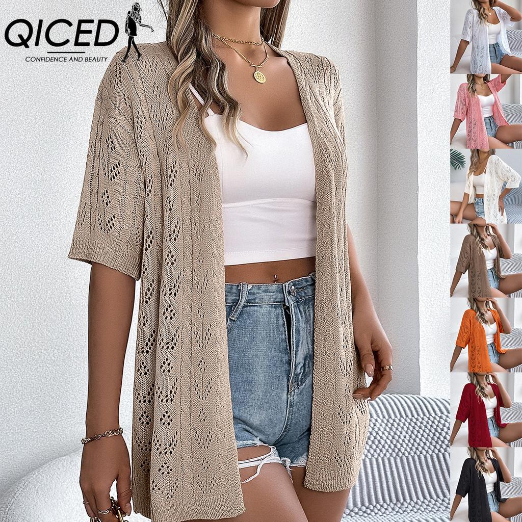 QICED Spring Summer Cut-out Short-sleeved Knitted Cardigan for Vacation Sun Protection Women's Wear