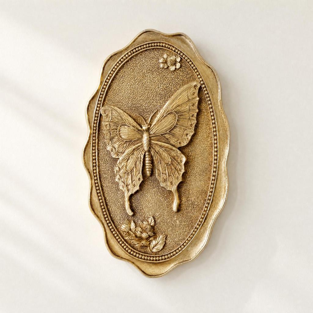 Hand-Painted Butterfly Wall Plaque Sculptural Oval Resin Decorative