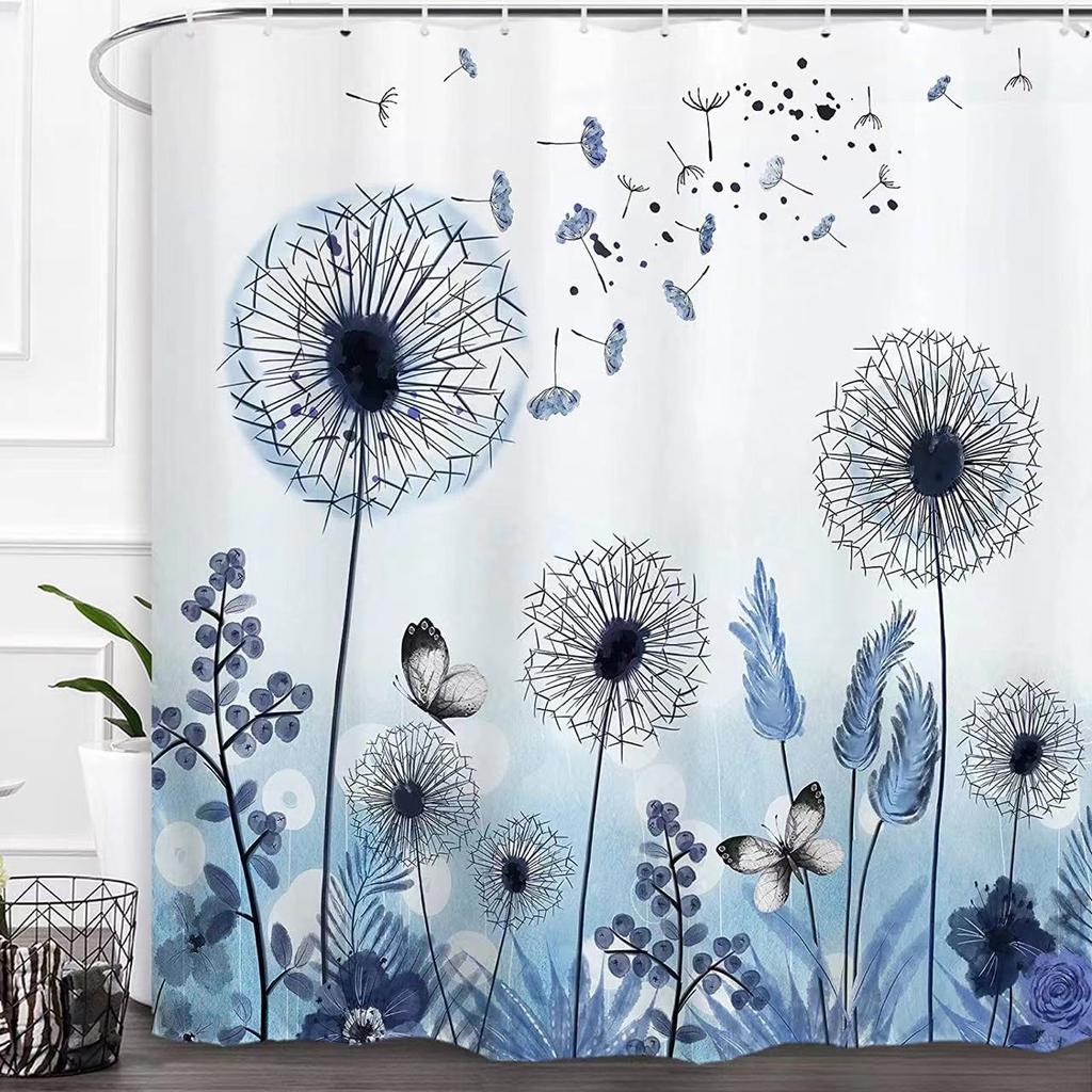 Blue Floral Shower Curtains Watercolor Dandelion Wildflowers Plant Farmhouse Waterproof Fabric Bathroom Bath Decor Set Washable