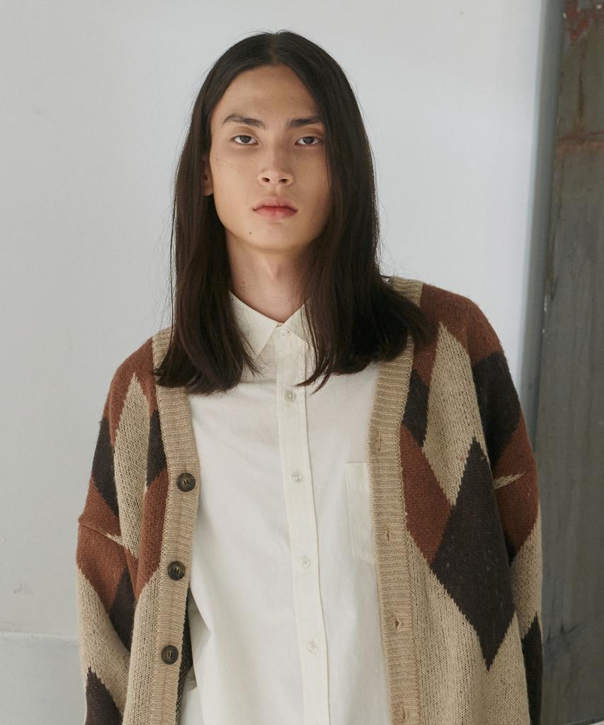 Knitted Bulky Brushed Argyle Cardigan Brown