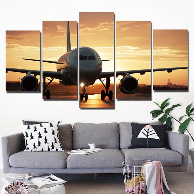 Modern 5 Pieces Airplane Poster Canvas Painting Landscape Sunset Backlight Lawn Wall Art Pictures for Living Room Decor No Frame