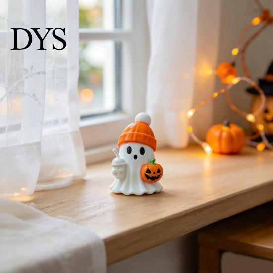 Trend Halloween Gifts 3D Printed Cute Ghost Figurine with Pumpkin Milk Tea, Orange Creative Holiday for Friends Beanie Desk Ornaments, Funny Gift And