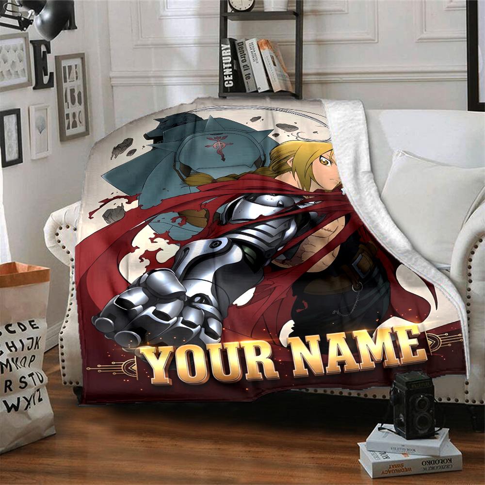 1pc Fullmetal Alchemist Blanket with Custom Name, Gift, for Men and Women, Soft Blanket, Good for Sofa Bed Couch Travel, Lightweight Flannel Blanket
