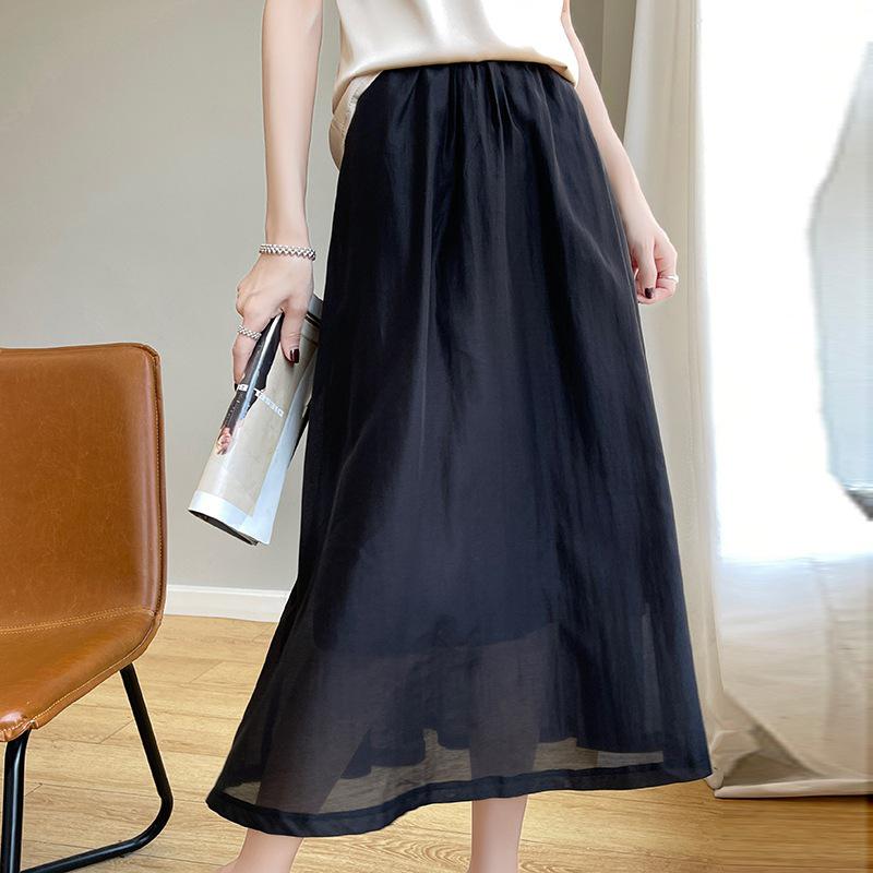 Women's Summer A-line Silk Satin Midi Skirt - High Waist, Solid Color
