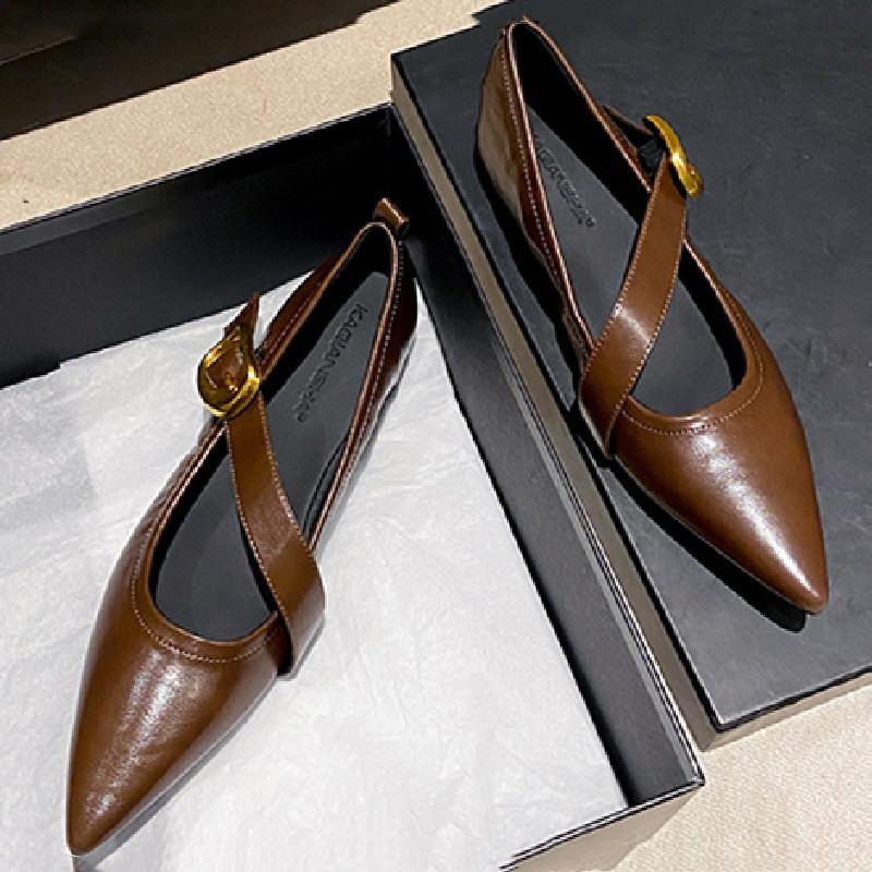 Fashion Retro Pointed Toe Soft Leather Flat Shoes Women Narrow Band Buckle Mary Jane Shoes Women Fashion Comfort Large Size Women Shoes