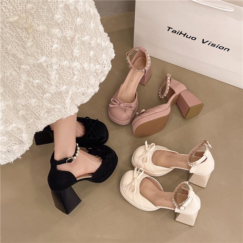 New Thick Heel Women Mary Jane Shoes Fashion Pearl Ankle Buckle Shoes Ladies Butterfly-knot Dress Pumps Shoes