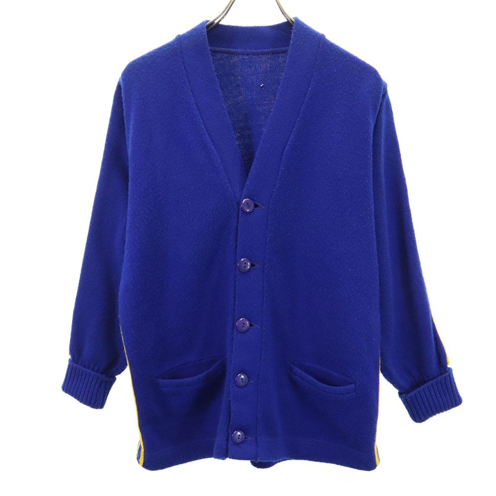 VINTAGE 70s Lathered College V neck knit cardigan blue 3 Lines Men's Used