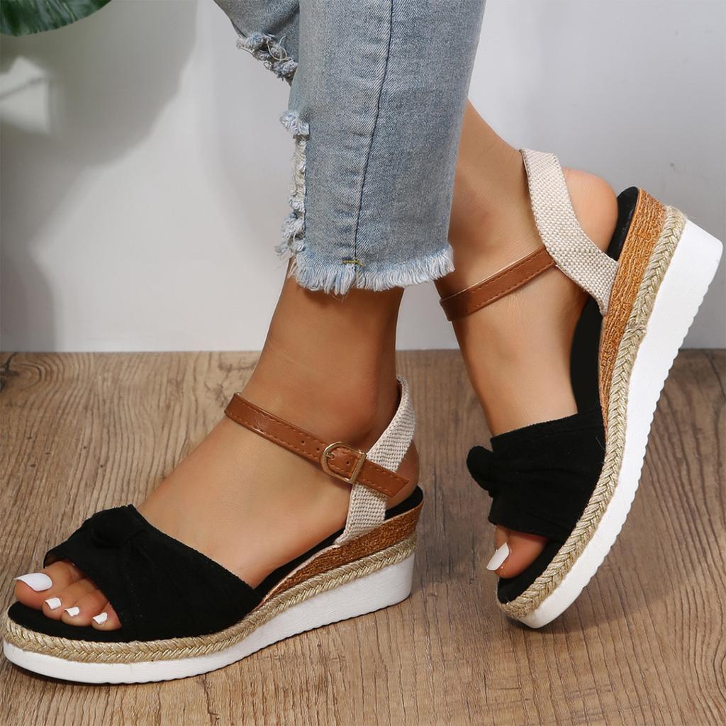 Women Summer Knotted Open Toe Ankle Strap Wedge Sandals Platform Thick Sole Casual Outdoor Shoes