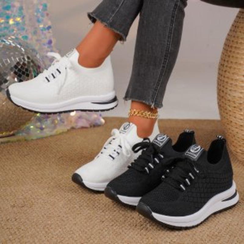 Women's Summer Lace-Up Thick-Soled Wedge Breathable Knit Mesh Casual Shoes, Height-Increasing Footwear, Available In Large Sizes.