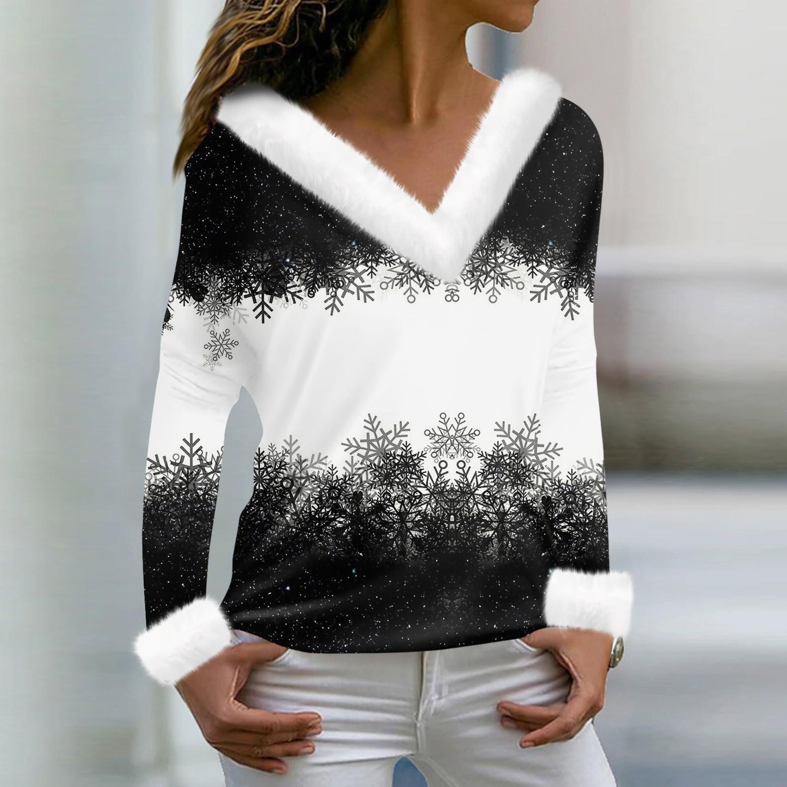 Женская мода повседневная плюшевая кофта с длинным рукавом и V-образным вырезом с рождественским принтом L чёрный 1677₽