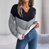 Women Casual Knit Pullover Sweater Autumn Winter Long Sleeve Polo Collar Contrast