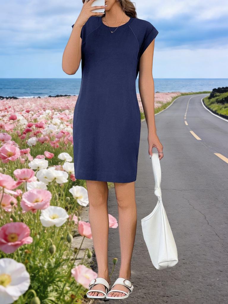 Womens Shift T Shirt Dress Crew Neck Cap Sleeve Loose Mini Summer Dress