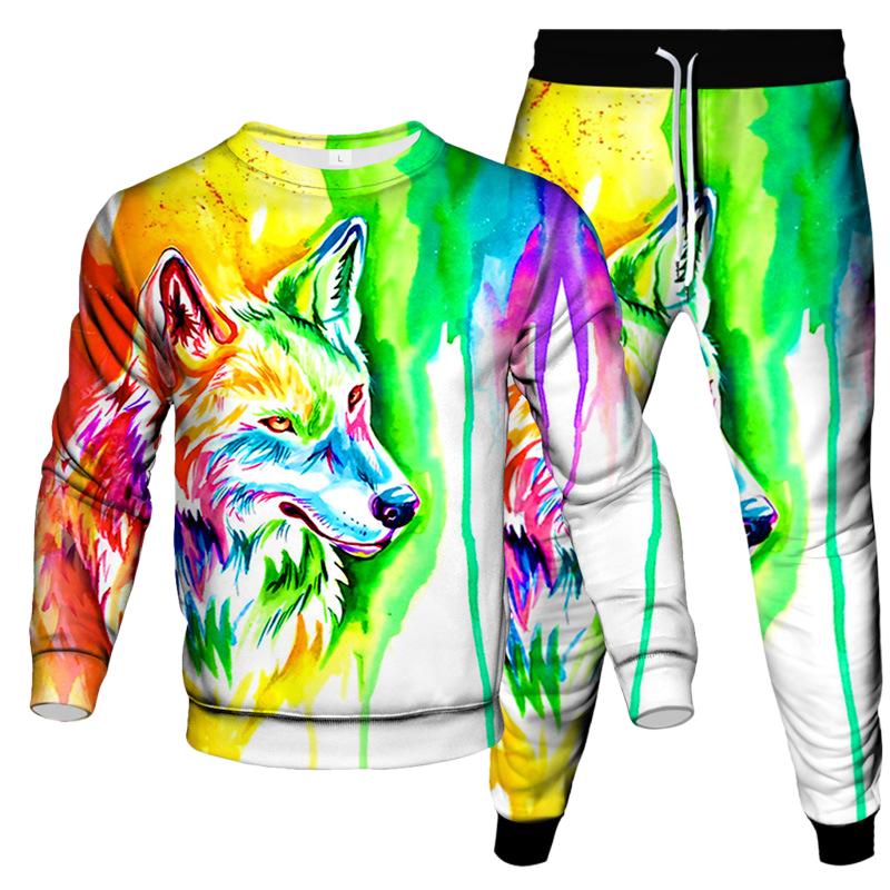 Spring Autumn Dazzle Wolf 3D Print Sportswear Set Casual T Shirt Pants 2-Piece Set Oversize Pullover Hip Hop Unisex Clothing