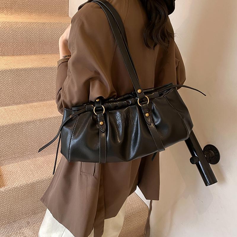 2025 new brown retro drawstring baguette bag single shoulder underarm portable casual pleated women's bag