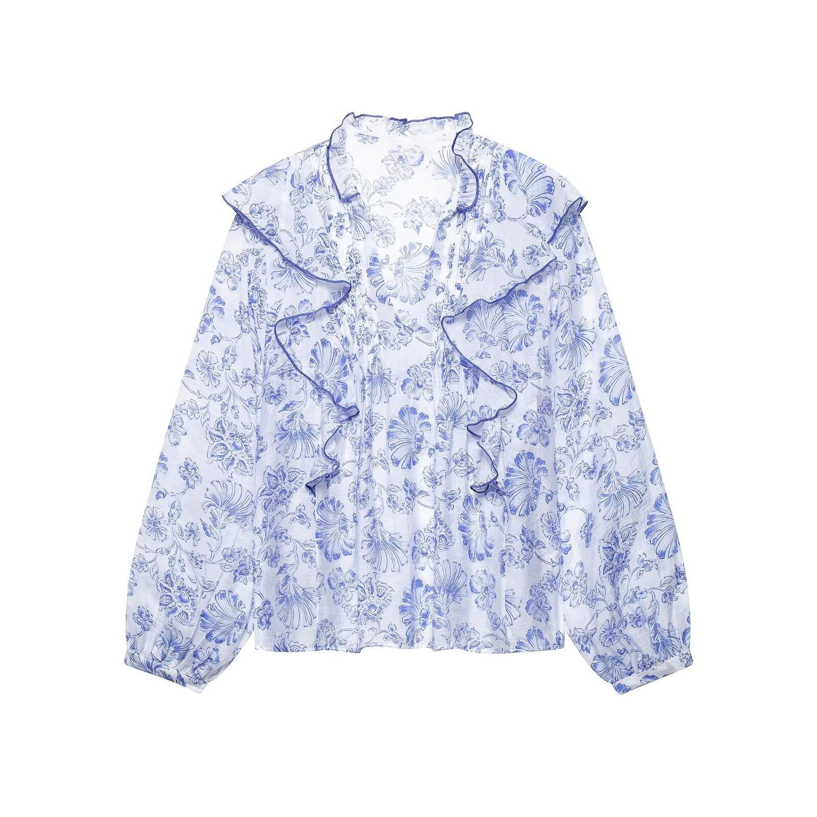

2025 Summer Women s Loose Fit Blue & White Ruffle Pleated Shirt XS